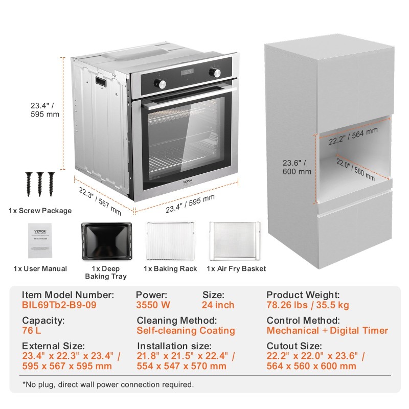 Sisäänrakennettu sähköuuni 24 tuumaa 76 litraa 3550 wattia 9 toimintoa