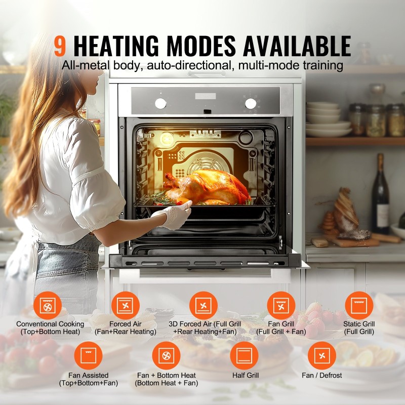 Sisäänrakennettava 24 tuuman sähköuuni 76 litraa 3550 wattia 9 toimintoa