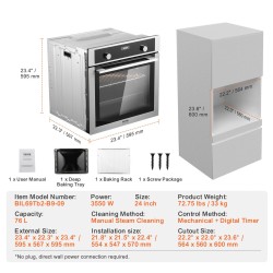 Sisäänrakennettava 24 tuuman sähköuuni 76 litraa 3550 wattia 9 toimintoa