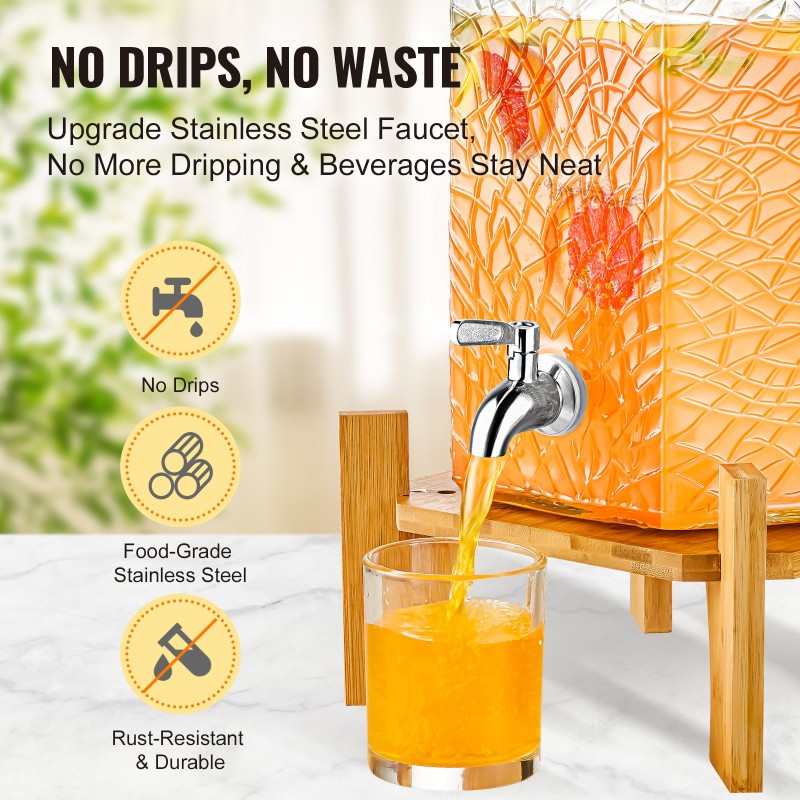 Lasinen juoma-annostelija 10 l paksu lasirunko ruostumattomalla teräshanalla puujalustalla juhliin