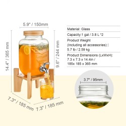 Lasinen juoma-annostelija 3,8 l ruostumaton teräshana puinen jalusta lasikansi