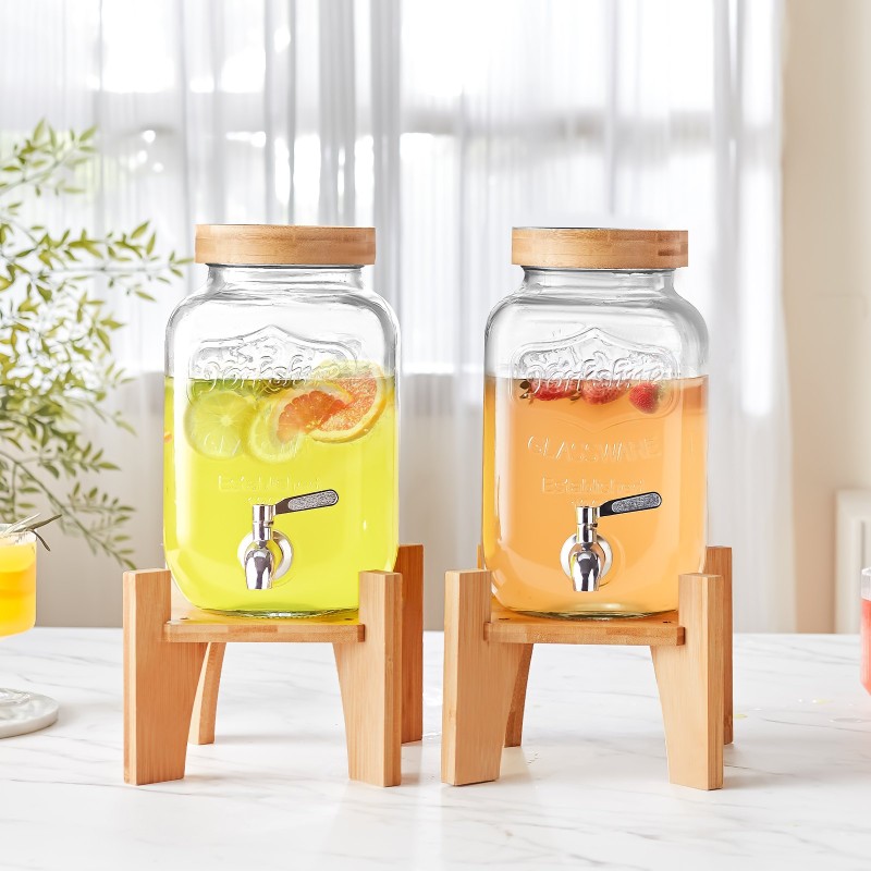 Lasinen juoma-annostelija 3,8 l ruostumaton teräshana puinen jalusta lasikansi