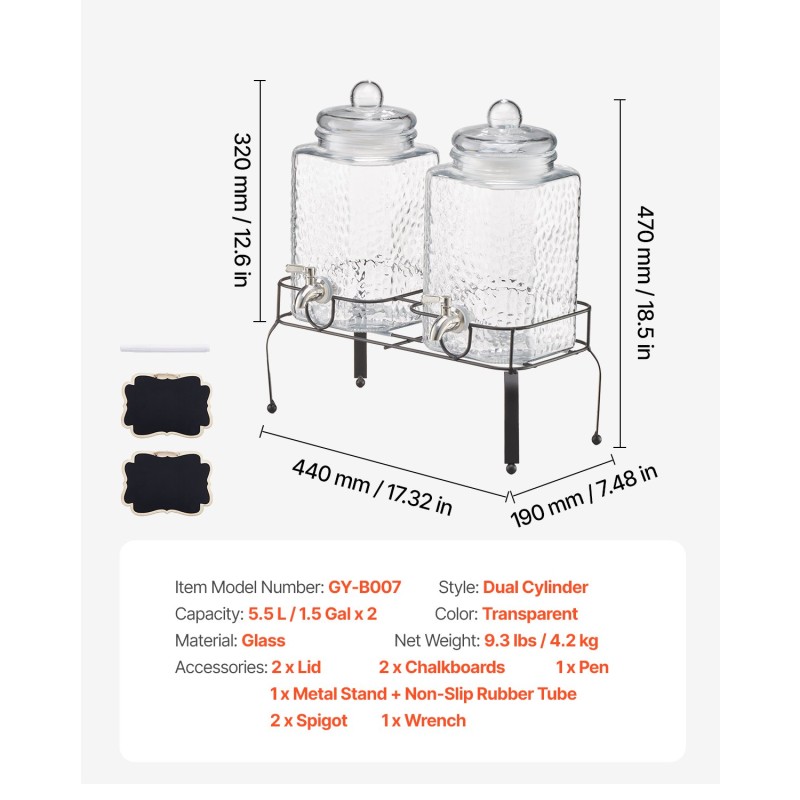 Kaksisylinterinen lasinen juomatispensori 11 L ruostumattomalla hanalla metallitelineellä