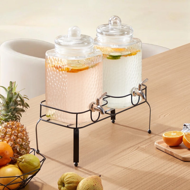 Kaksisylinterinen lasinen juomatispensori 11 L ruostumattomalla hanalla metallitelineellä