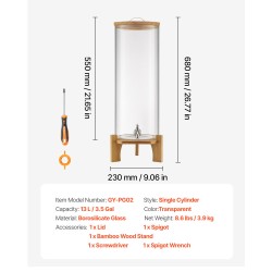 Juoma-annostelija 13 l borosilikaattilasinen puujalustalla ruostumaton teräshana juhliin