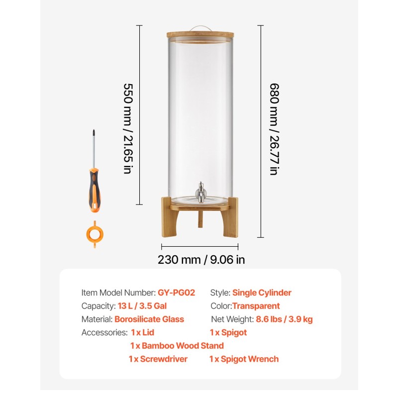 Juoma-annostelija 13 l borosilikaattilasinen puujalustalla ruostumaton teräshana juhliin