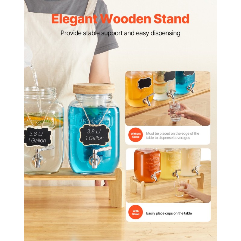 Lasinen kolmisylinterinen juoma-annostelija 11,4 l puinen teline ruostumaton hana