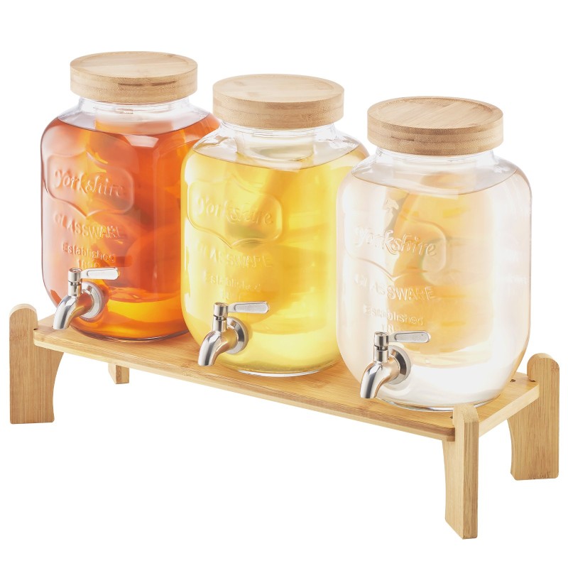 Lasinen kolmisylinterinen juoma-annostelija 11,4 l puinen teline ruostumaton hana