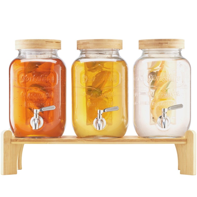 Lasinen kolmisylinterinen juoma-annostelija 11,4 l puinen teline ruostumaton hana