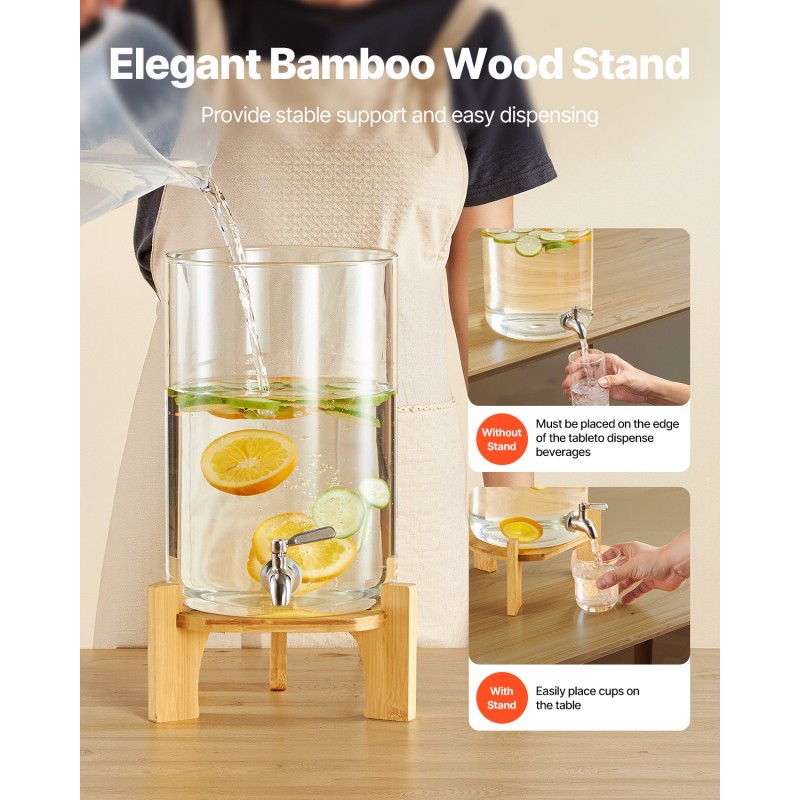 Lasinen juoma-annostelija 8 l borosilikaattilasi ruostumaton hana puinen jalusta