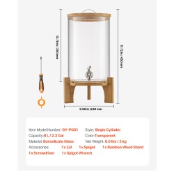 Lasinen juoma-annostelija 8 l borosilikaattilasi ruostumaton hana puinen jalusta