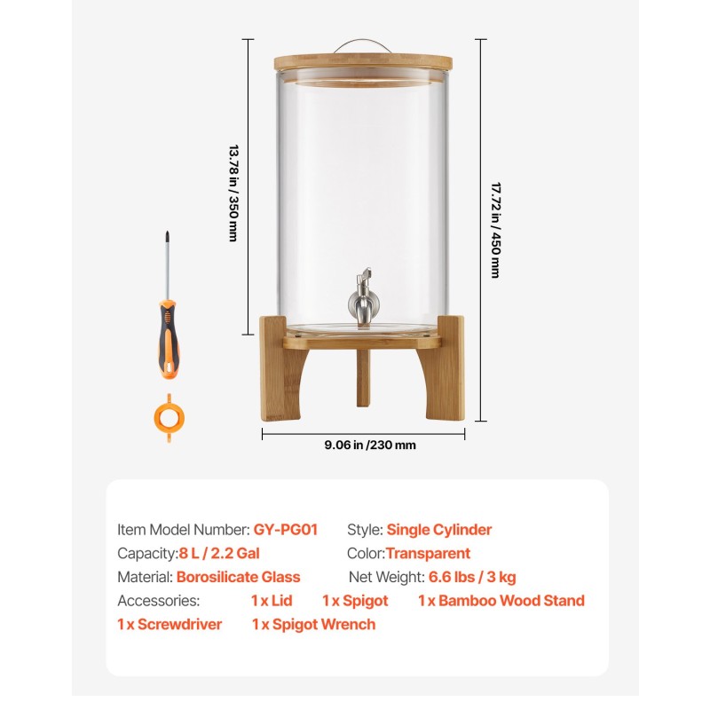 Lasinen juoma-annostelija 8 l borosilikaattilasi ruostumaton hana puinen jalusta