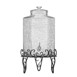 Lasinen elintarvikekelpoinen juoma-annostelija 10 L metallitelineellä ja ruostumattomasta teräksestä valmistetulla hanalla