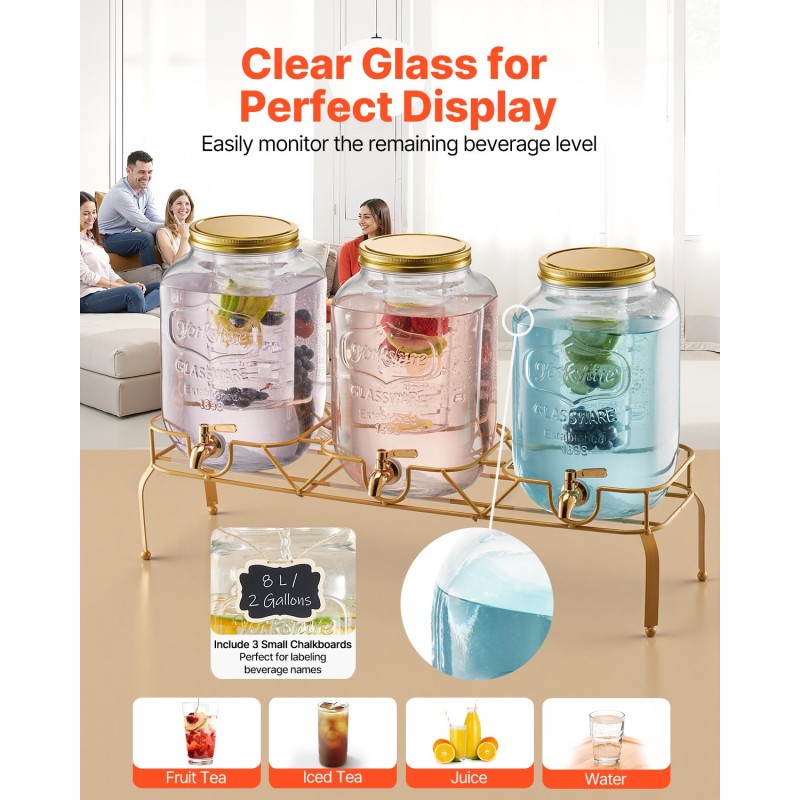 Lasinen juoma-annostelija kolmella kahdeksan litran säiliöllä metallijalustalla ruostumaton hana infuserilla