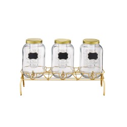 Lasinen juoma-annostelija kolmella kahdeksan litran säiliöllä metallijalustalla ruostumaton hana infuserilla