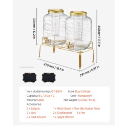 Lasinen juoma-annostelija kahdella kahdeksan litran säiliöllä metallisella telineellä ja ruostumattomalla hanalla