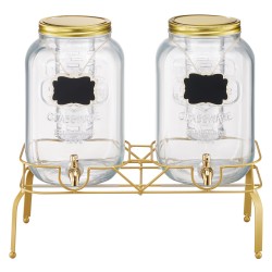 Lasinen juoma-annostelija kahdella kahdeksan litran säiliöllä metallisella telineellä ja ruostumattomalla hanalla