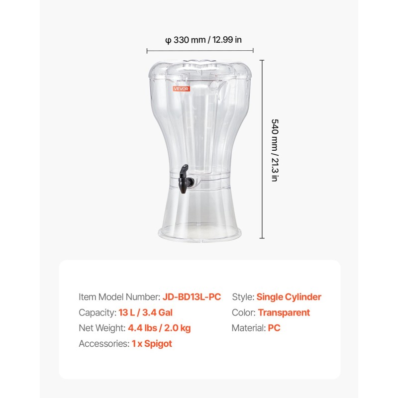 Juomadispenseri 13 litran läpinäkyvä PC-muovi tiputtamaton hana elintarvikekäyttöön