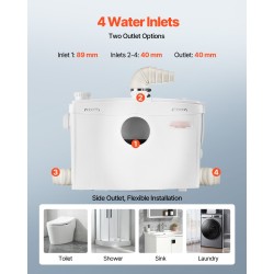 Jätevesimurskapumppu 1200W 180 l/min 10 m 4 tuloliitäntää wc ja pesutiloihin