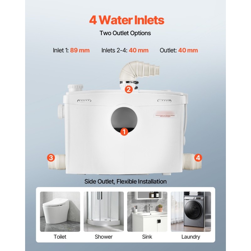 Jätevesimurskapumppu 1200W 180 l/min 10 m 4 tuloliitäntää wc ja pesutiloihin