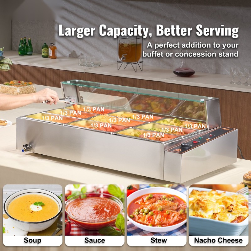 Ruokalämmitin 9 ruoka-astiaa ruostumattomasta teräksestä lasikansella säädettävä 30–85 °C 1500 wattia