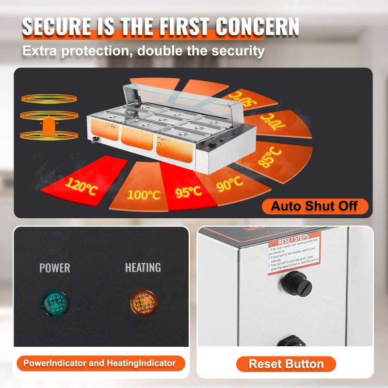 Ruokalämmitin 9 ruoka-astiaa ruostumattomasta teräksestä lasikansella säädettävä 30–85 °C 1500 wattia