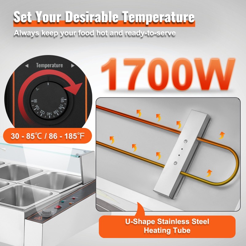 Pöytämallinen ruostumaton teräs ruokien lämpöallas 10 erillistä 7,6 litran astiaa lasinen roiskesuoja
