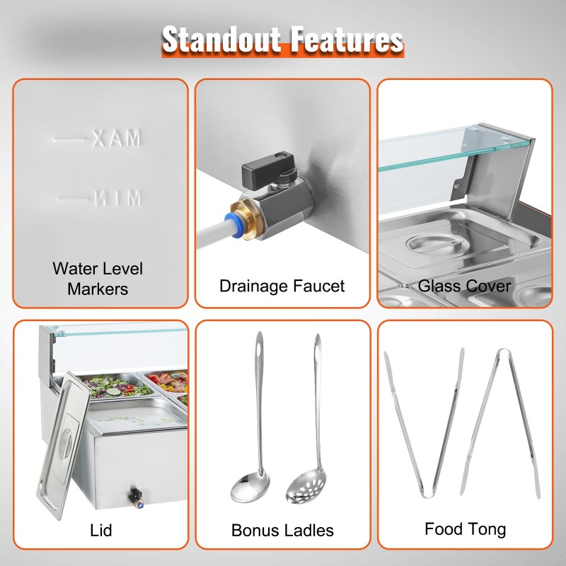 Pöytämallinen ruostumaton teräs ruokien lämpöallas 10 erillistä 7,6 litran astiaa lasinen roiskesuoja