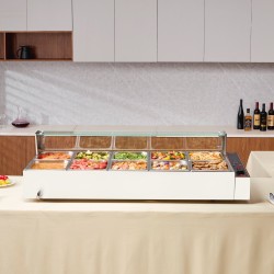 Pöytämallinen ruostumaton teräs ruokien lämpöallas 10 erillistä 7,6 litran astiaa lasinen roiskesuoja