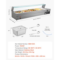 Ruokien lämpöhaude ruostumaton teräs 5 astiapataa lasikannella 30–85°C