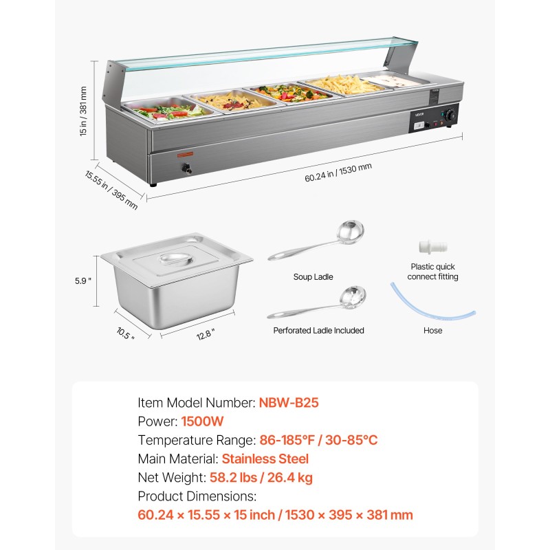 Ruokien lämpöhaude ruostumaton teräs 5 astiapataa lasikannella 30–85°C