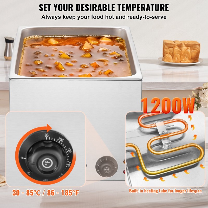 Ruokien lämpöhaude ruostumattomasta teräksestä 18 L 1200 W kuivakäyntisuoja