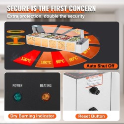 Sähköinen ruoanlämmitin ruostumattomasta teräksestä 6 x 4,7 l lasisuojalla noutopöytiin