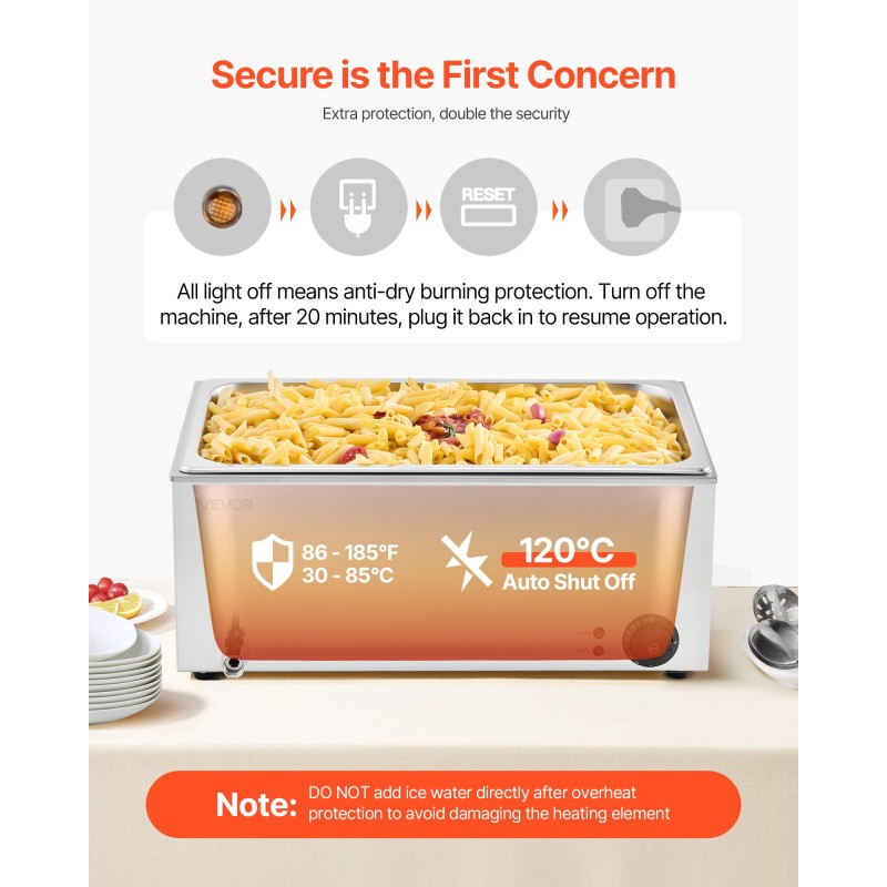 Ruokienlämmitin pöytämallinen ruostumatonta terästä täysikokoinen 18 litran vuoka 1200 wattia lämpötilansäädöllä