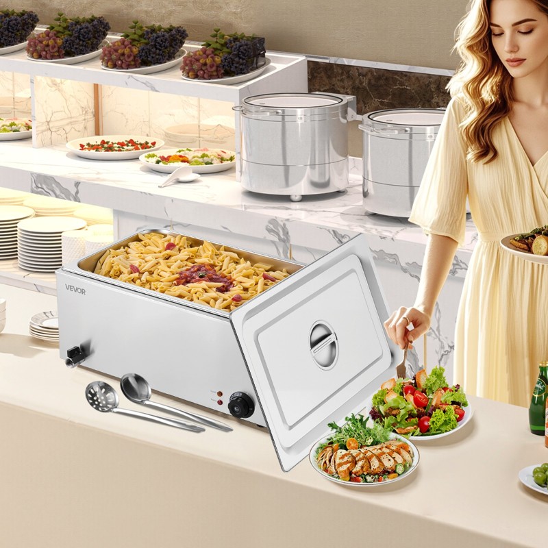 Ruokienlämmitin pöytämallinen ruostumatonta terästä täysikokoinen 18 litran vuoka 1200 wattia lämpötilansäädöllä