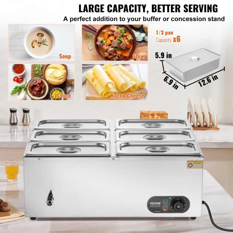 Ruokien lämpöallas ruostumatonta terästä kuudelle 5QT GN-astialle ammattikäyttöön