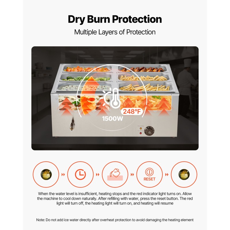 Höyrylämpöallas ruostumaton teräs 1500W 6 erillistä astiaa pitopalveluun ja ravintolakäyttöön
