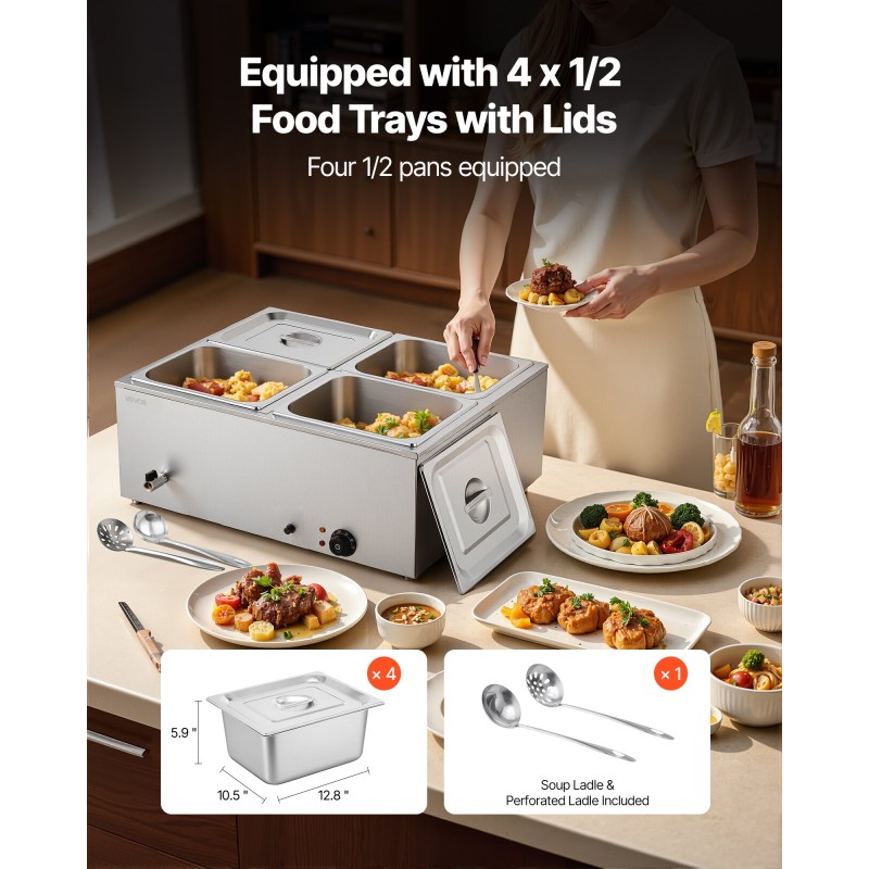 Pöytämallinen sähköinen ruoanlämmitin ruostumattomasta teräksestä neljällä vuoalla ja kannella