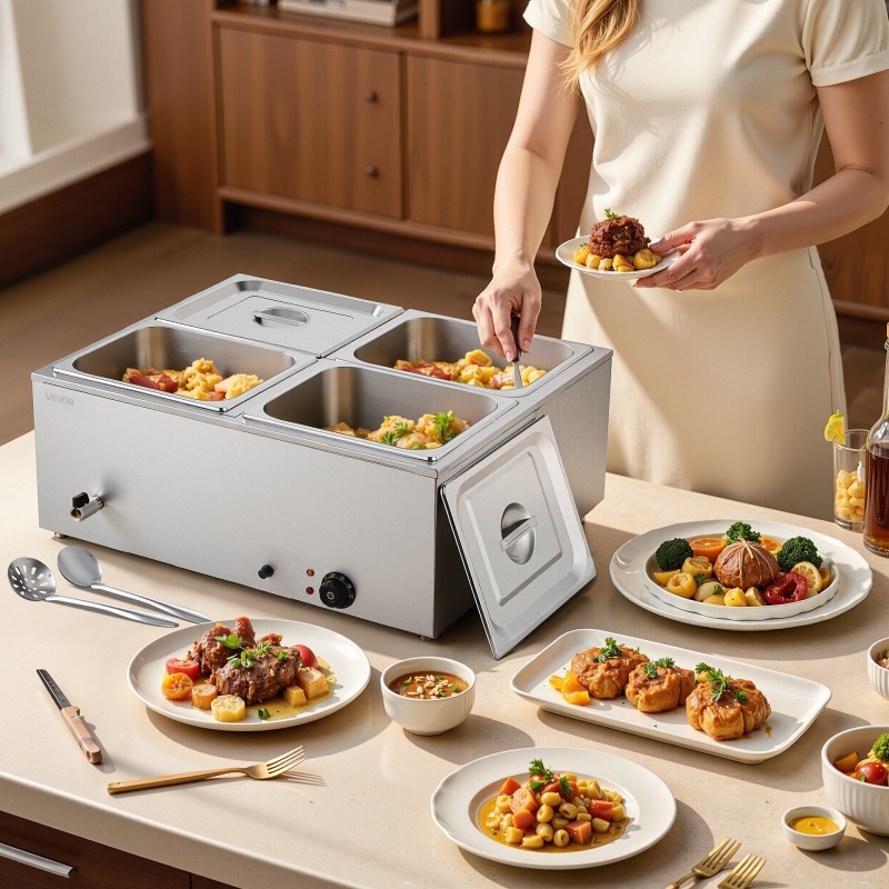 Pöytämallinen sähköinen ruoanlämmitin ruostumattomasta teräksestä neljällä vuoalla ja kannella