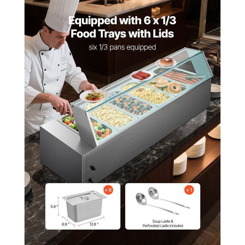 Sähköinen ruoanlämmitin ruostumatonta terästä 1500 wattia kuusi yhden kolmasosan kokoista astiaa lasikansi