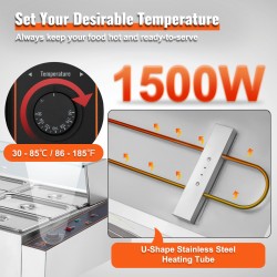 Sähköinen ruoanlämmitin ruostumattomasta teräksestä 1500W 9 pannua lasikansi