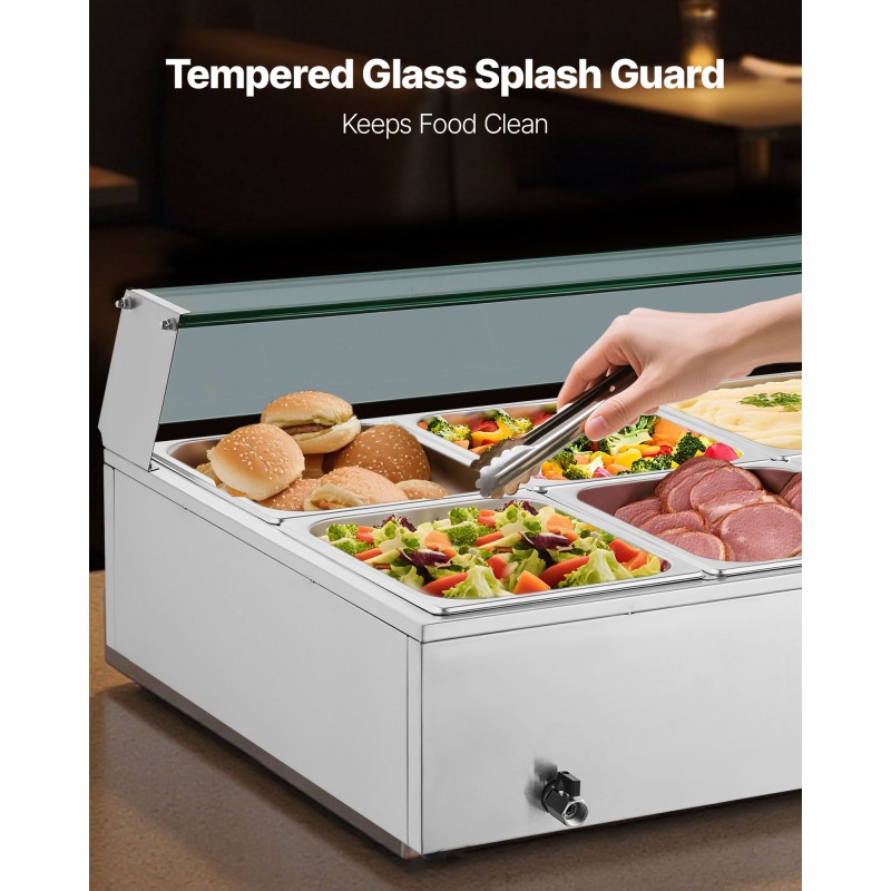 Ruoanlämmitin pöytämallinen 10-allastinen ruostumattomasta teräksestä vesihauteella 1700W lasikannella