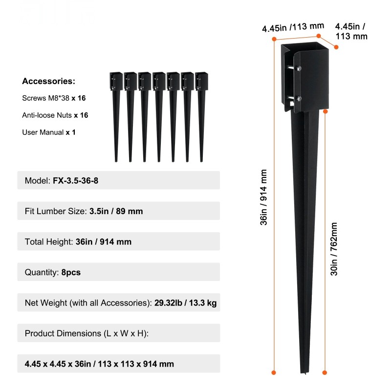 Teräksiset jauhepinnoitetut maapiikit 8 kpl 915 mm sopivat 89 mm puutolppiin