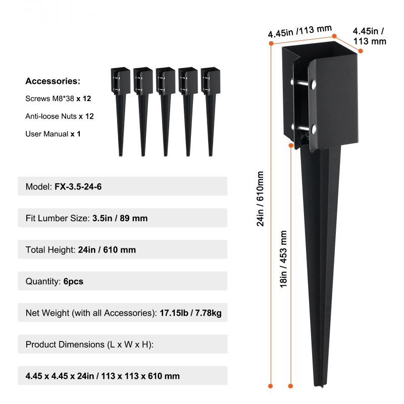 Maapiikit pulverimaalattua terästä 6 kpl 610 mm 89 mm pylväille