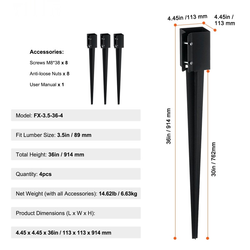 Teräksinen maapiikki 4 kappaletta 914 millimetriä musta pulveripinnoite sopii 89 millimetrin tolppaan