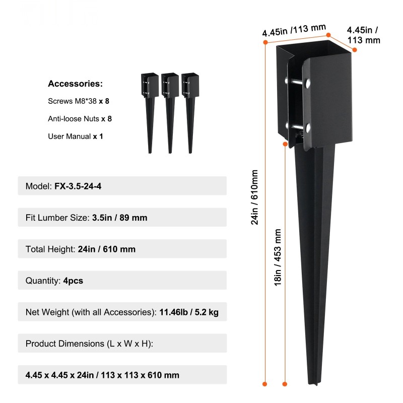 Teräksinen maapiikki aitapaalulle 113x113x610 mm sopii 89 mm tolppaan 4 kpl musta