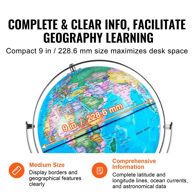 Valaistu maapallo ABS-muovinen 228,6 mm metallijalustalla tähtikartalla kartta englanniksi