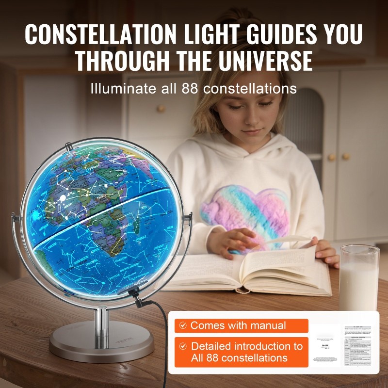 Valaistu maapallo ABS-muovinen 228,6 mm metallijalustalla tähtikartalla kartta englanniksi
