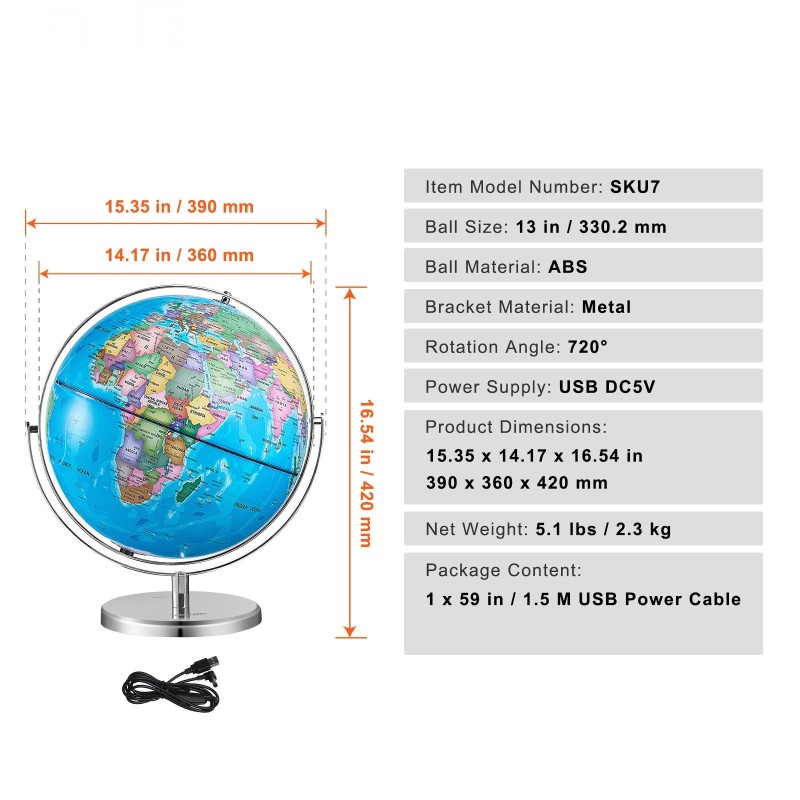 Valaistu ABS-muovinen maailmankarttapallo 33 cm metallijalustalla 720 asteen pyörivä englanninkielinen kartta