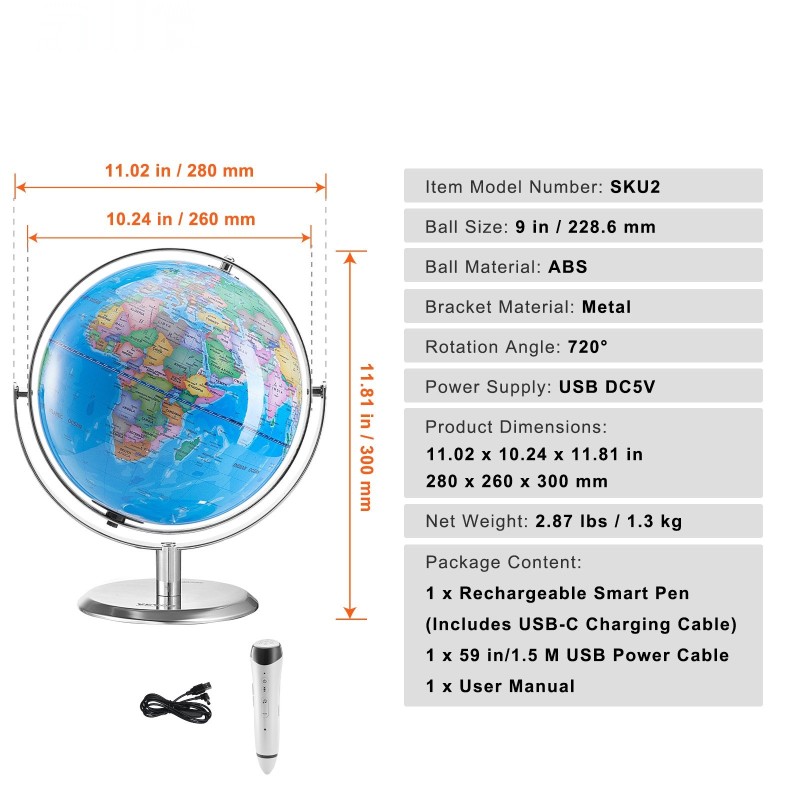 Vuorovaikutteinen puhuva maapallo muovinen 9 tuuman kosketuskynä led-yövalo USB-liitäntä